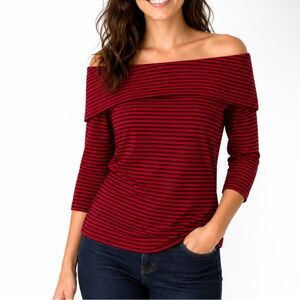 Lauren Ralph Lauren Red & Black Striped Off The Shoulder Top Preppy Academia